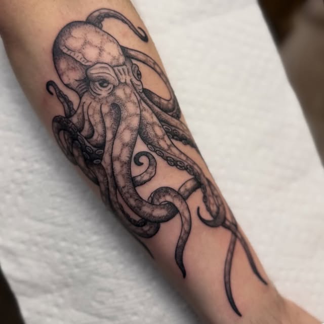 Black and grey octopus tattoo on forearm, Baton Rouge